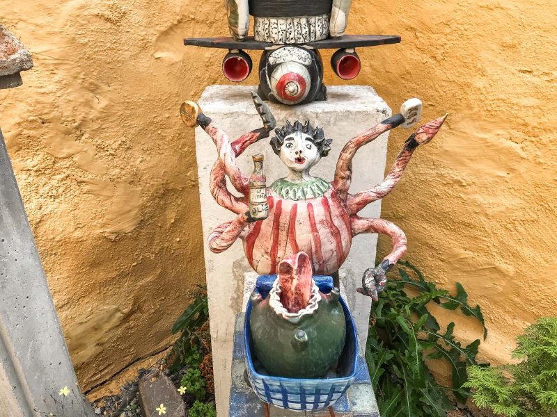 Whimsical ceramics artwork in the sculpture garden at Lange Kunsthåndværk in Aalborg, Denmark.