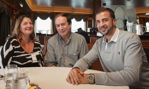 Cruiseable team members Lisa Theodoratus, JD Lasica and Giacomo Balli aboard Cunard's Queen Elizabeth.