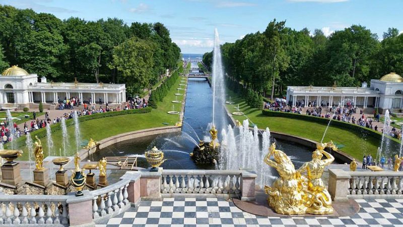 View of the grounds from the steps of Peterhof Palace in St. Petersburg, Russia.