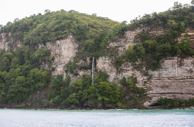 A waterfall along the coast of St. Lucia.