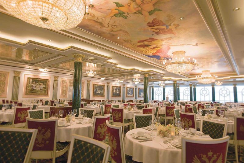Russian-inspired furniture, beautiful ceiling paintings and five-course meals welcome guests at the Summer Palace restaurant board Norwegian Pearl.