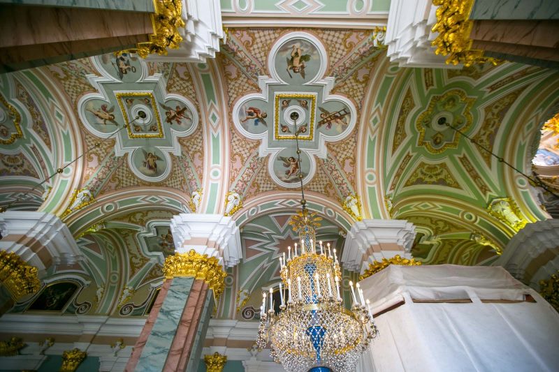 The ceiling of Sts. Peter and Paul Cathedral, which dates to 1733 in St. Petersburg, Russia.