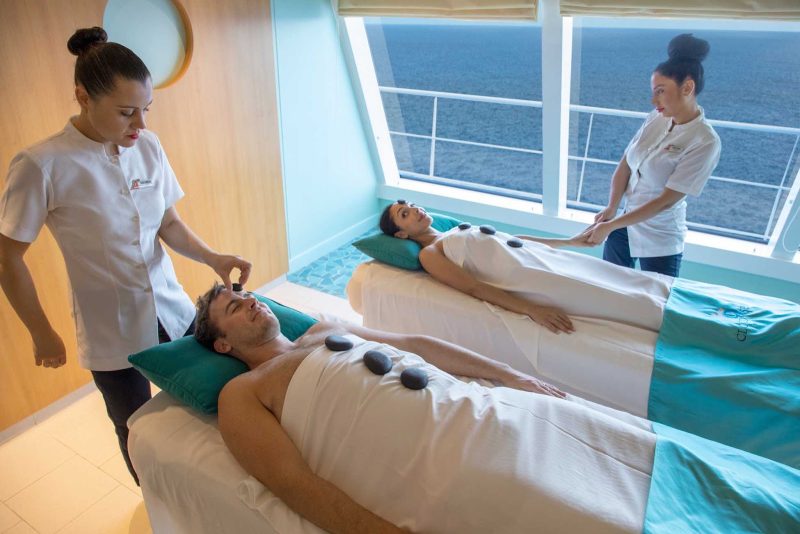 Try a couples massage with heated rocks at the Cloud9 Spa on Carnival Horizon.