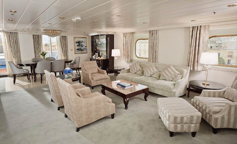 The Living Room in the newly refurbished Master Suite on Seven Seas Mariner, which boasts 2,002 total square feet.