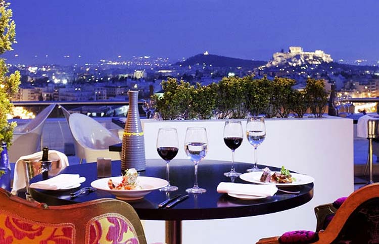 Twilight at the Galaxy Restaurant & Bar at the Hilton Athens.
