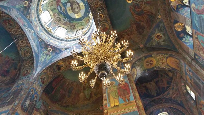 A ceiling detail from Peterhof Palace in St. Petersburg, Russia.