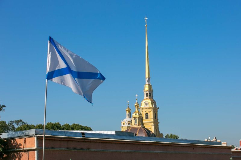 The needle of Sts. Peter and Paul Cathedral is topped off by the figure of a flying angel bearing a cross.