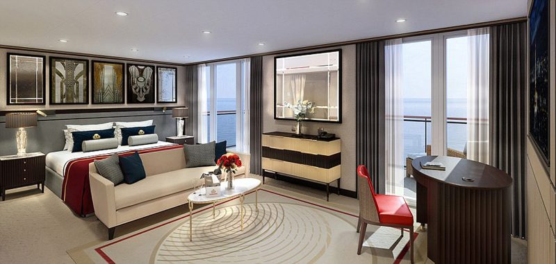 The Queens Grill Suites on Queen Mary 2 feature a large sitting area, walk-in closet, a spacious private balcony and butler service.