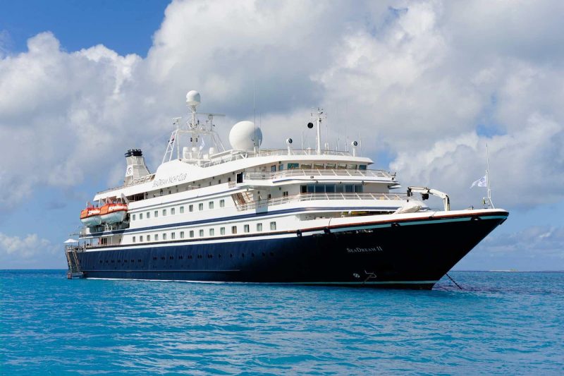 A closeup of SeaDream II, which calls on out-of-the-way ports with only 110 passengers.