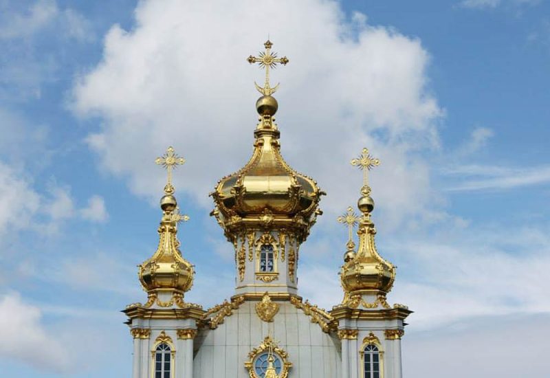 The golden dome of Peterhof Palace in St. Petersburg, Russia.