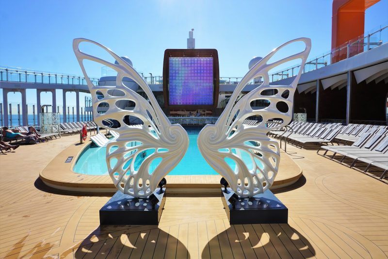 The Resort Deck on deck 14 transforms into a pool area with the vibe of a Miami Beach hotel.