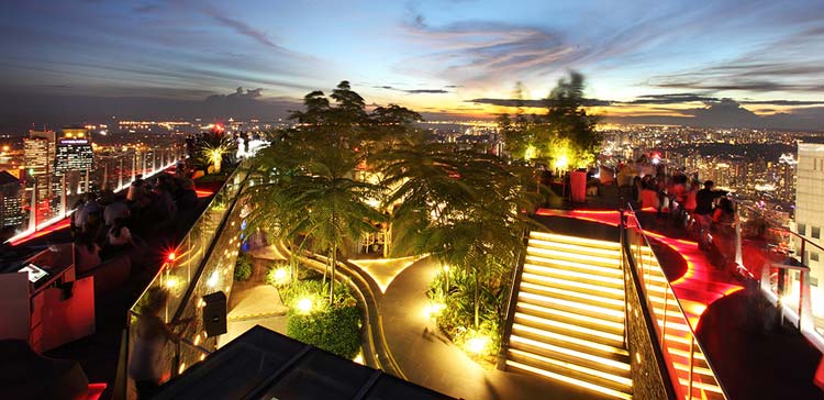 The view atop 1-Altitude, the rooftop bar in the One Raffles Place Building, Singapore.