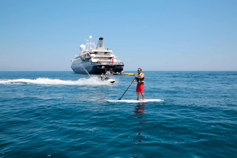 Jet skis and paddleboards are two of the watercraft available for use, free of charge, on your SeaDream cruise.