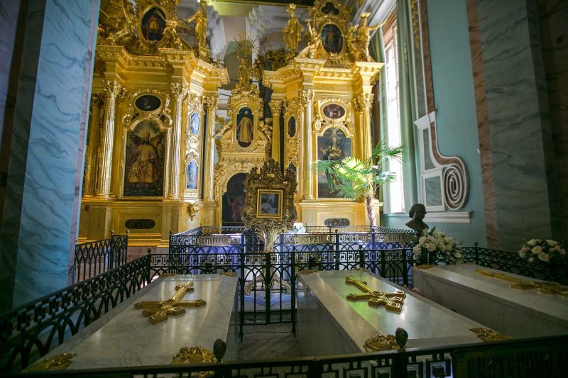 Coffins containing the bodies of the imperial family killed during the Russian Revolution in St. Petersburg, Russia.