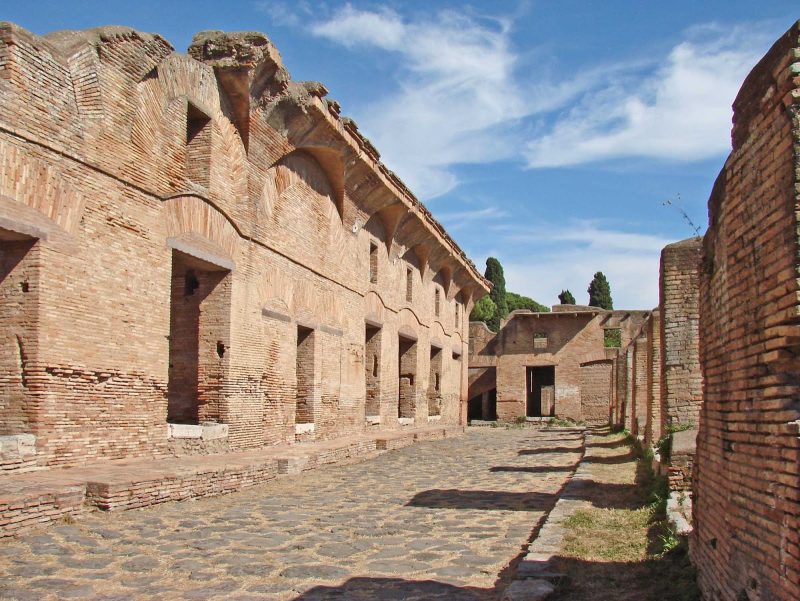 Ostia Antica, a large archeological site, was once the main harbor of ancient Rome. Today, near Ostia, you can wander through ruins of Roman streets and many buildings.