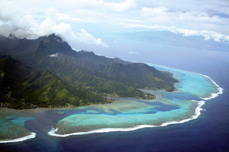 An aerial shot of Moorea, one of the three main islands in French Polynesia.