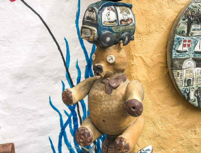 Whimsical ceramics artwork in the sculpture garden at Lange Kunsthåndværk in Aalborg, Denmark.