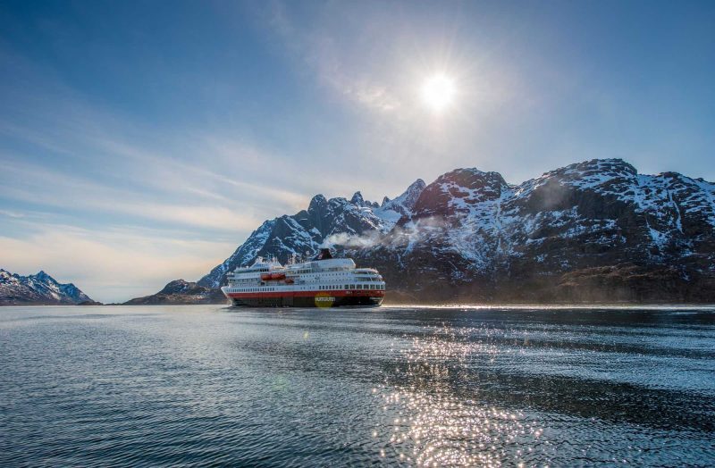 Finnmarken, a ship in the Hurtigruten fleet, makes a spring voyage through the Lofoten Islands of Norway.