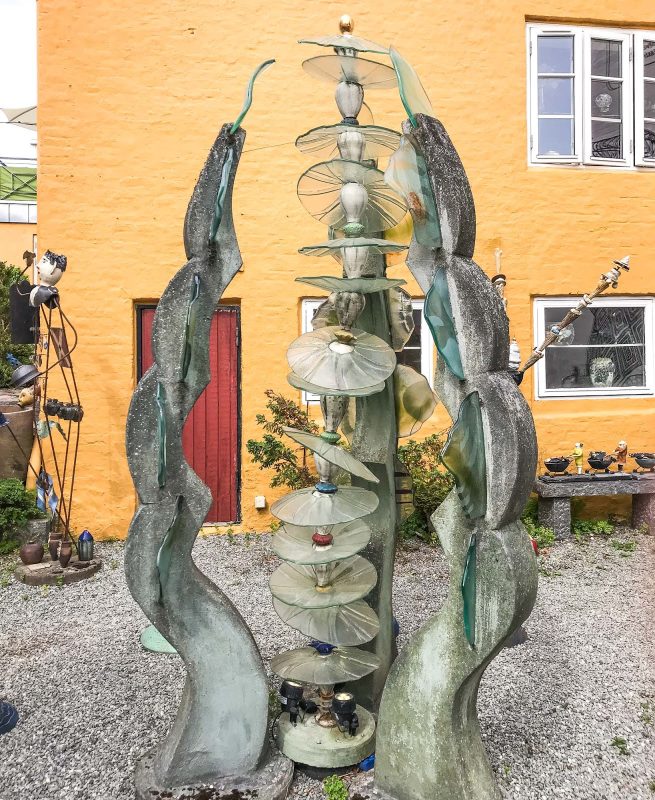 Whimsical ceramics artwork in the sculpture garden at Lange Kunsthåndværk in Aalborg, Denmark.
