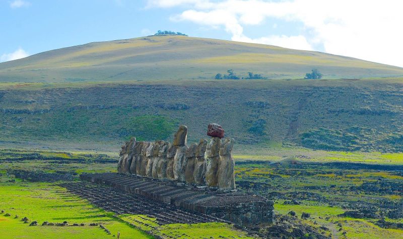 A row of Easter Island's iconic moai.