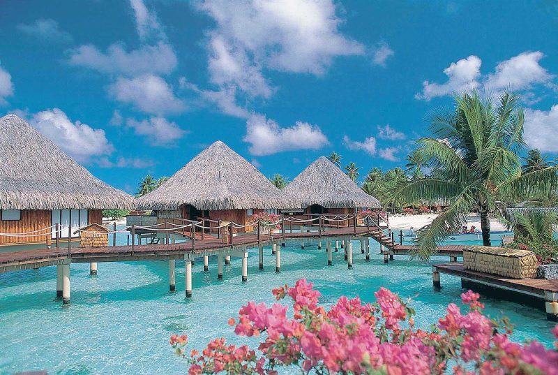 Overwater bungalows at the InterContinental Bora Bora Le Moana Resort.