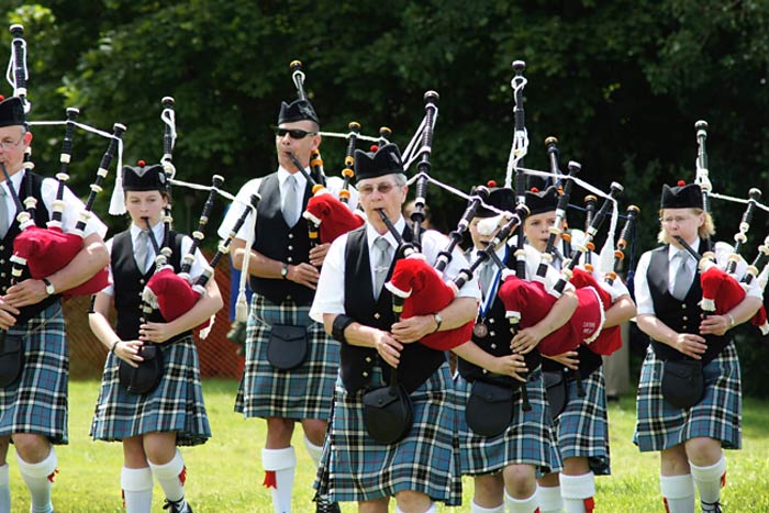 Bagpipers perform during the New Glasgow Festival of the Tartans in Pictou, Nova Scotia.