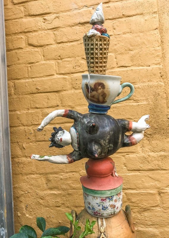 Whimsical ceramics artwork in the sculpture garden at Lange Kunsthåndværk in Aalborg, Denmark.