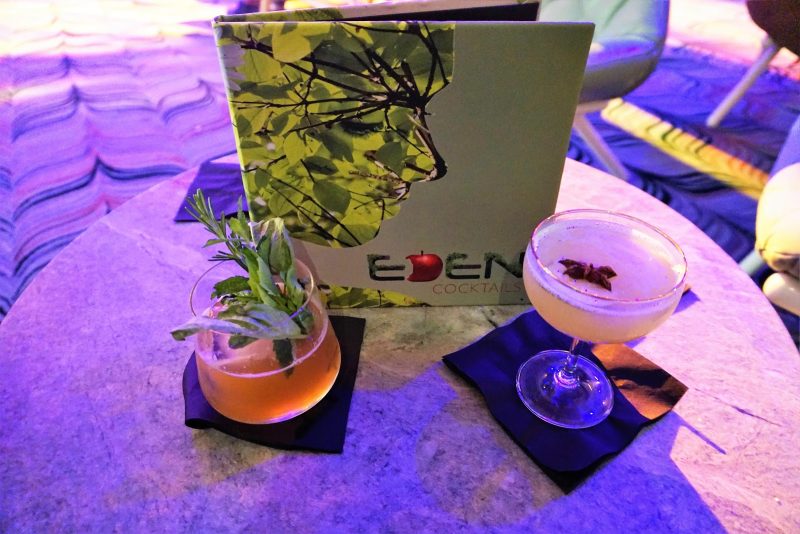 A selection of the specialty cocktails, available only at the Eden Bar on Celebrity Edge, includes fresh ingredients picked from the Library of Plants located behind the bar.