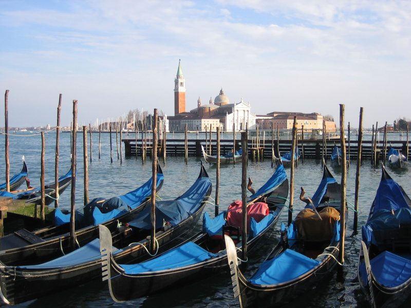 Gondolas in Venice with San Giorgio Maggiore in the background.