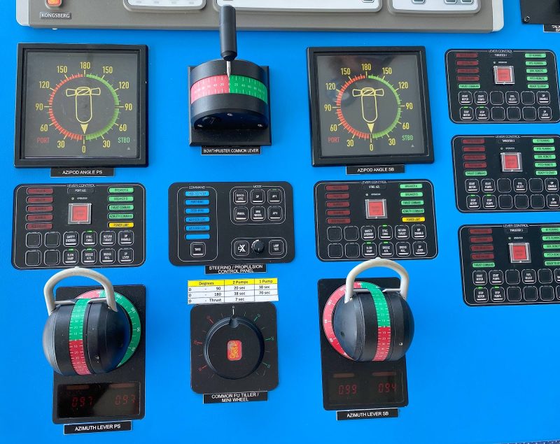 The controls board on the bridge of Celebrity Equinox.