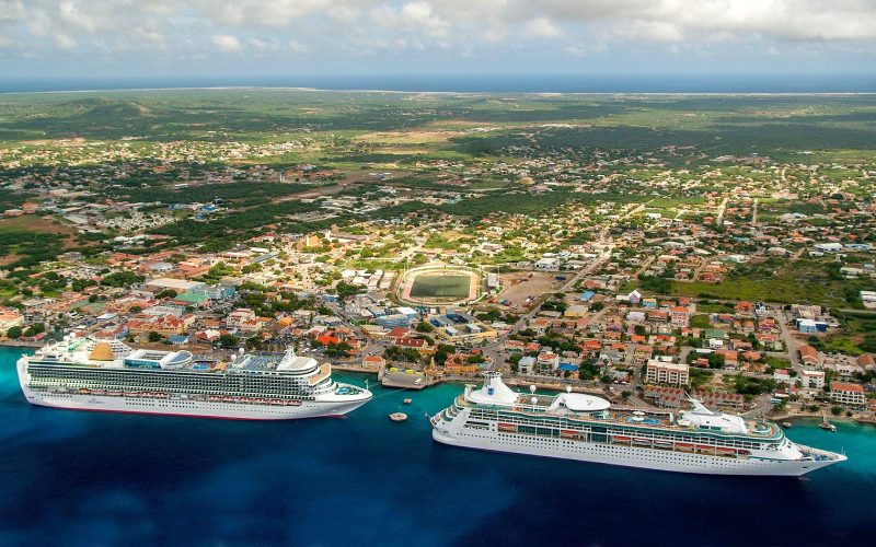 Cruise ships from P&O and Royal Caribbean moor in Kralendijk during a visit to Bonaire.