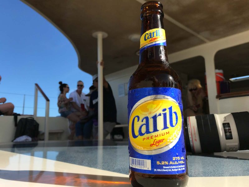 Carib beer served during a catamaran outing in the waters of St. Kitts.