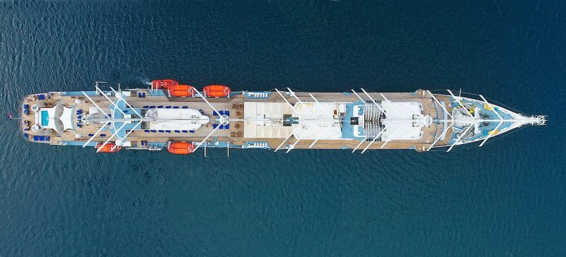 Wind Surf, seen from 400 feet in the air, as she's anchored off Pigeon Point islet in St. Lucia.