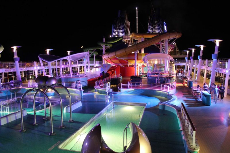 The Lido Deck of Norwegian Epic at night.