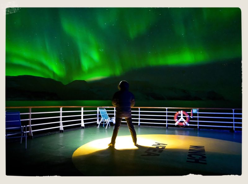 The Northern Lights put on a majestic display for guests aboard Hurtigruten’s Vesteralen during a cruise along Norway’s coast from Bergen to Kirkenes. 