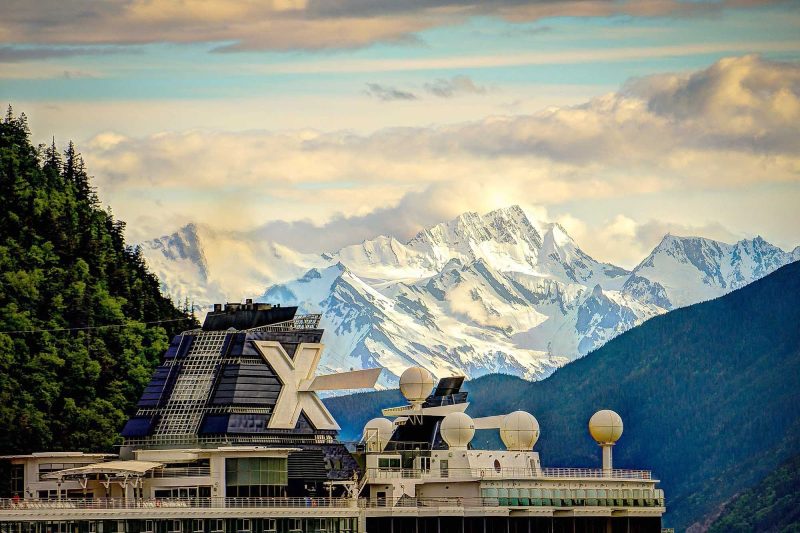 The top deck of Celebrity Infinity seen against the Mendenhall Glacier in Alaska.