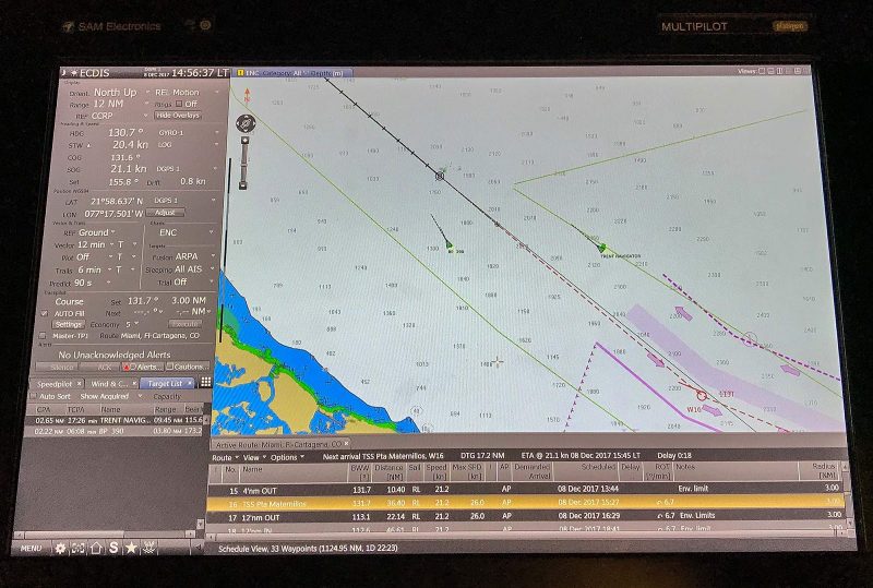 ECDIS (Electronic Chart Display and Information System) ship navigation on the bridge of Norwegian Jade.
