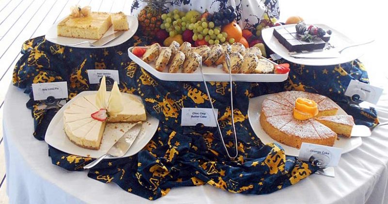 Key lime pie, orange cake and other desserts offered on deck.
