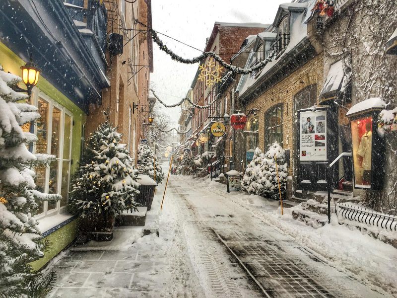 A quiet street scene in the Quartier Petit Champlain of Quebec City, Canada.
