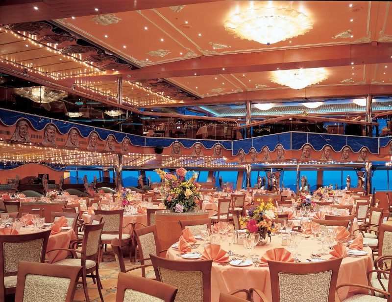 When at sea, the two-level Pacific Restaurant, one of Carnival Victory's main dining halls, serves breakfast, lunch and dinner.