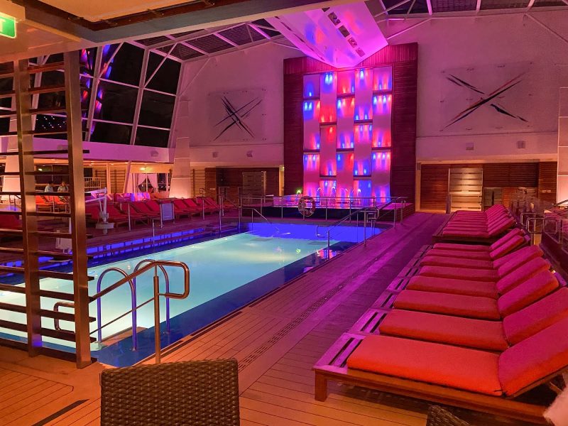 The restful (and colorful) Solarium on Celebrity Equinox at night. 