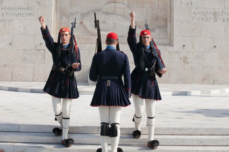 The changing of the guard in Athens takes place once every hour.