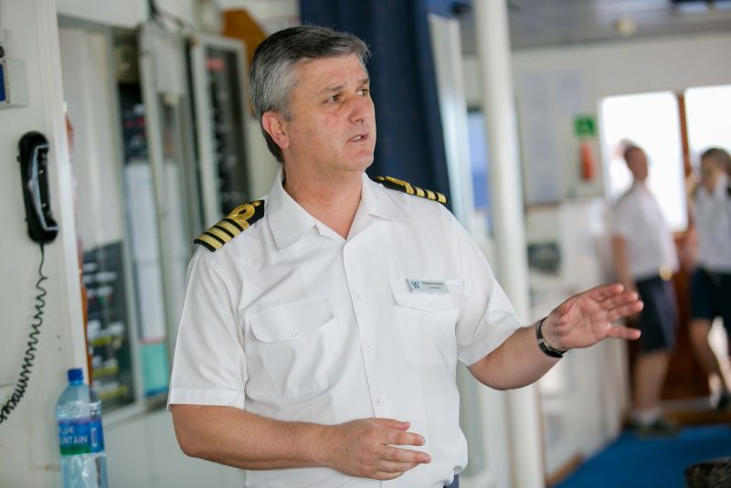 Capt. Pedro Pinto on the bridge of Wind Surf.