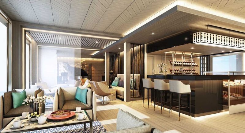 The main lounge on Scenic Aura, which sails the Irrawaddy River in Myanmar.