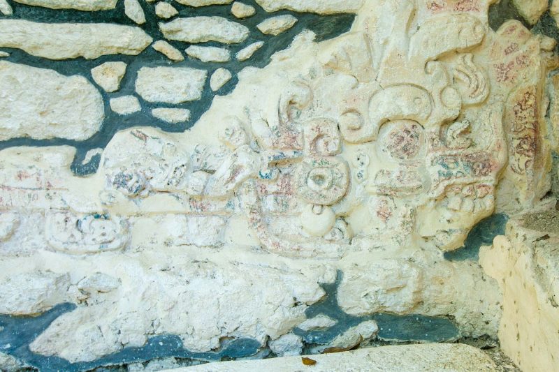 A carving representing a heavenly monster (says our guide) found at Dzibanche in the Yucatan.