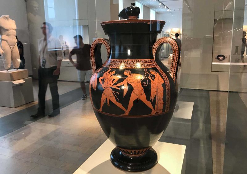 This modern-looking work was actually created 2,500 years ago. Amphora With Palaestra Scene Signed by the Potter Andokides dates to 525-530 B.C. at the Altes Museum in Berlin.