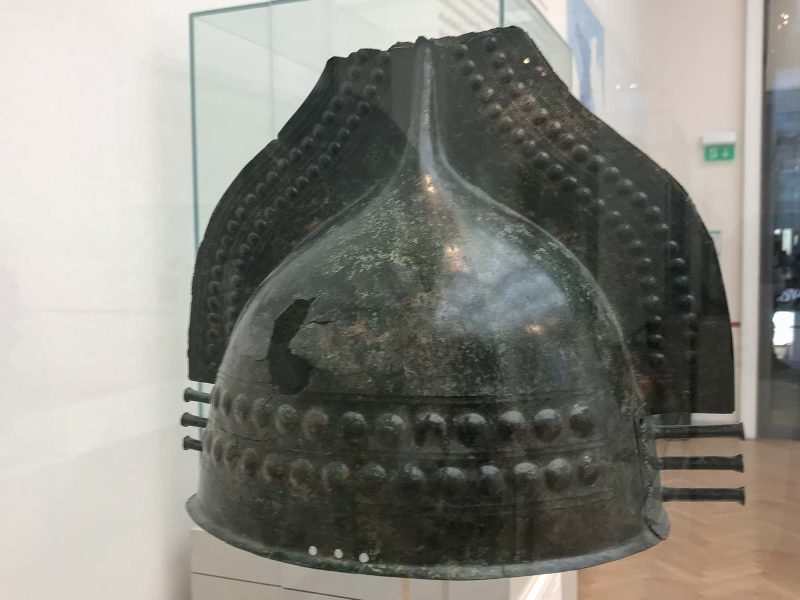 Crested helmet from the early Iron Age culture of Central Italy and Northern Italy dating from the 8th to 9th century B.C. at the Altes Museum in Berlin.