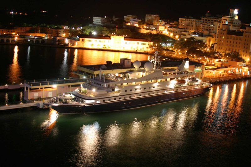 SeaDream II docked in San Juan, Puerto Rico, at night.