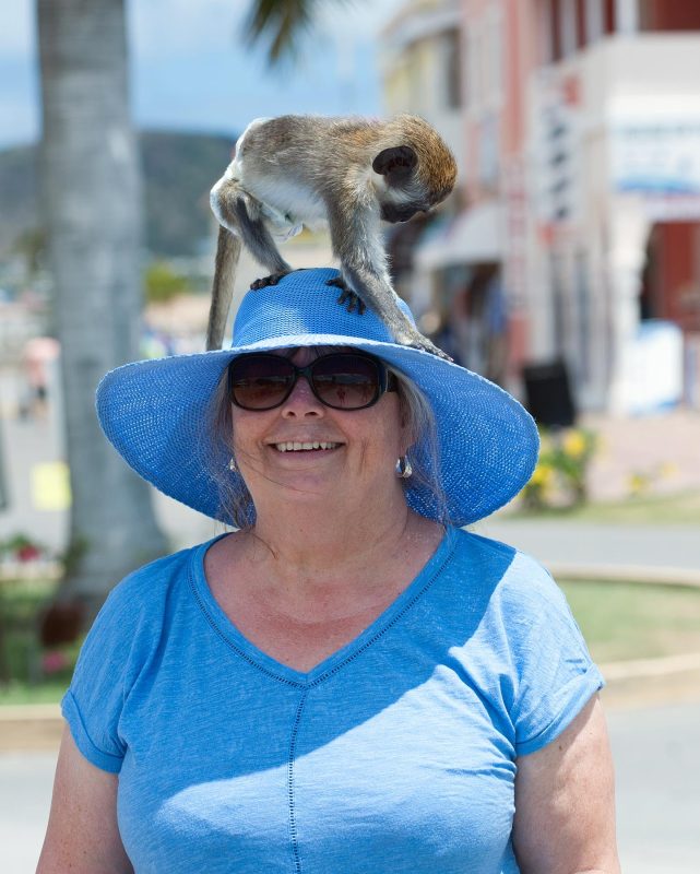 A Wind Surf passenger good-naturedly puts up with a vervet monkey placed on her head in St. Kitts.