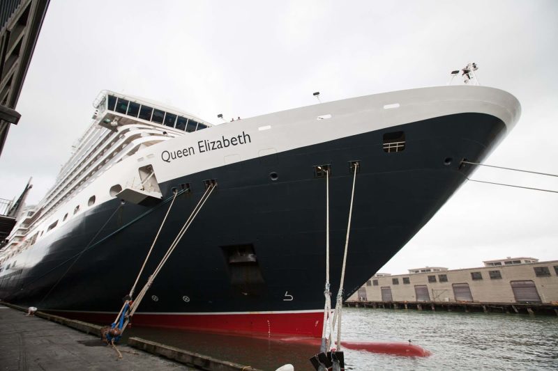 The bow of Queen Elizabeth as she sat docked at San Francisco's Pier 27.